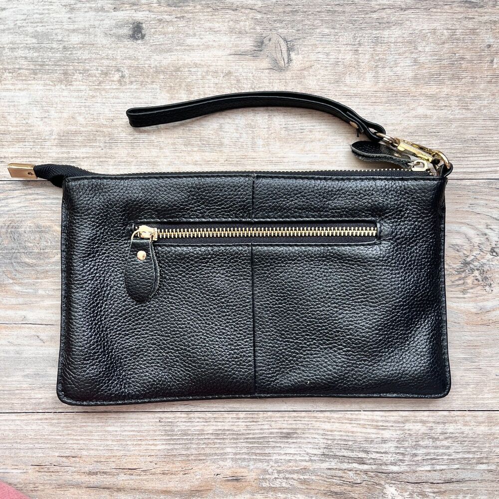 Black Leather Wristlet Clutch Pebbled Zip Pouch Minimal Chic Everyday